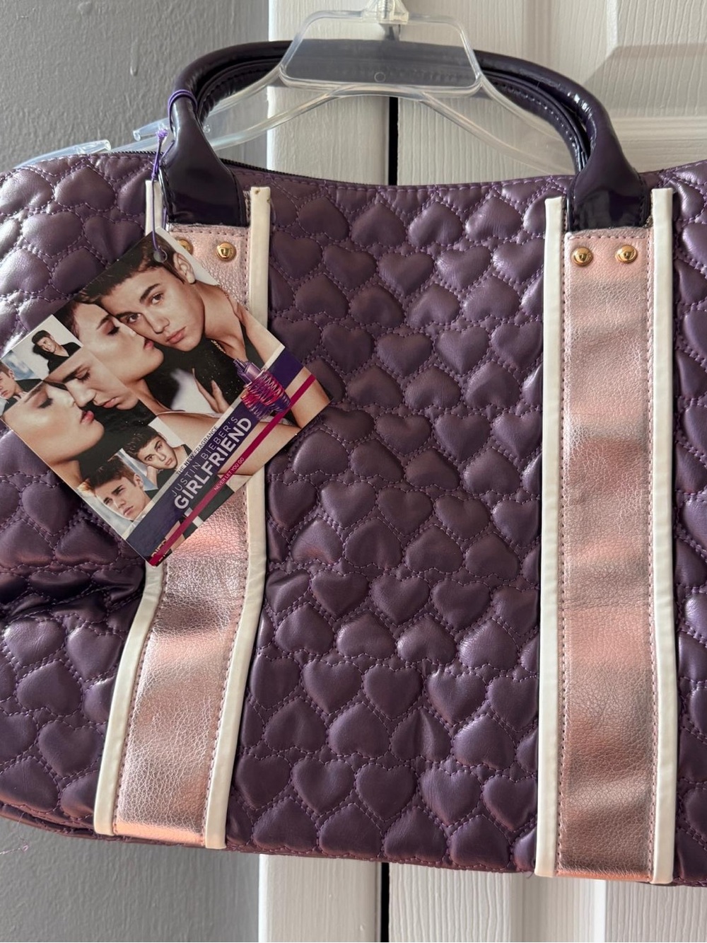 Justin Bieber Purple Quilted Heart Tote with Pink Metallic Straps